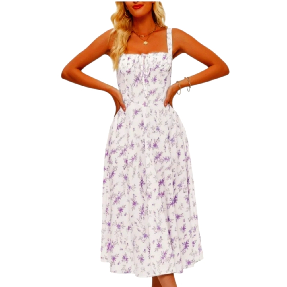 DRESS FORUM Floral Midi Dress with Purple Accents Size 3XL